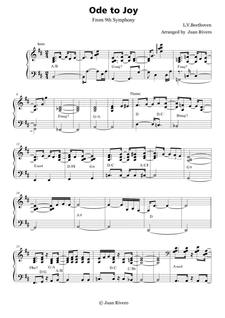 L. V. Beethoven - Ode to Joy - Advanced intermediate piano jazz version (arr. Juan Rivero)