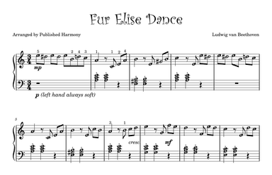 Fur Elise Dance Piano Solo for Grade 1 - 2 with alphabets note names & finger numbers (arr. Published Harmony)