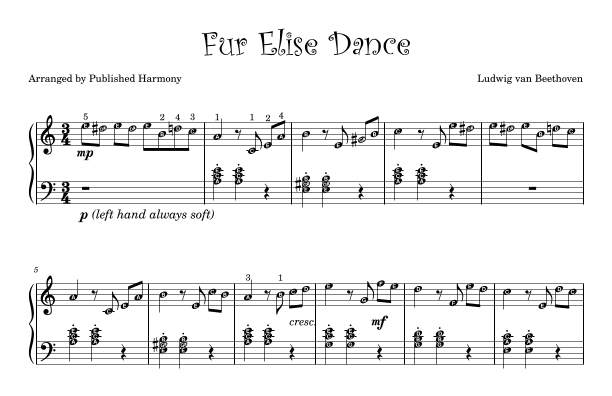 Fur Elise Dance Piano Solo for Grade 1 - 2 with alphabets note names & finger numbers (arr. Published Harmony)