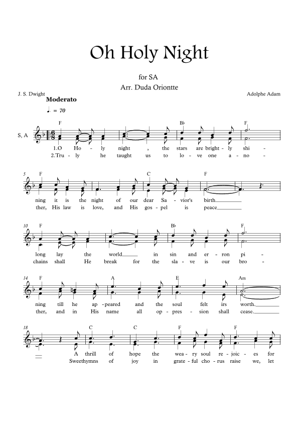 Oh Holy Night (F major - SA - with chords - no piano - one staff) (arr. Duda Oriontte)