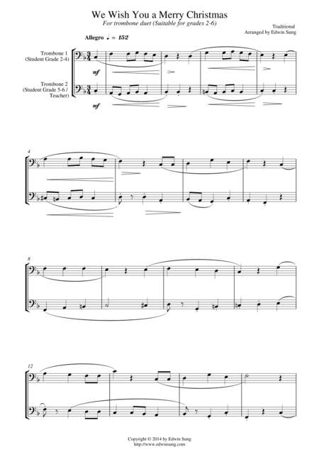 We Wish You a Merry Christmas (for trombone duet, suitable for grades 2-6) (arr. Edwin Sung)