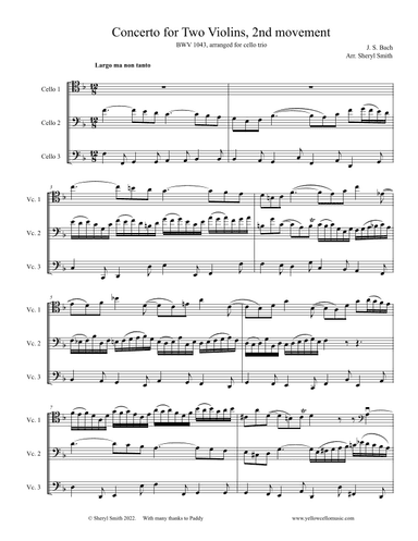 Bach Concerto for Two Violins, 2nd movement: Largo, arranged for three cellos (cello trio) (arr. Yellow Cello Music)