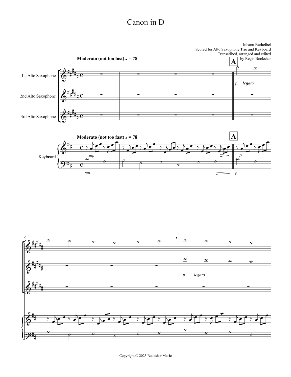 Canon in D (Pachelbel) (D) (Alto Saxophone Trio, Keyboard) (arr. Regis Bookshar)
