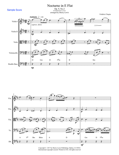 NOCTURNE, Opus 9 no. 2, Chopin, String Orchestra for 2 violins, viola, cello and string bass chords (arr. Sherry Lewis)