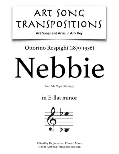 RESPIGHI: Nebbie (transposed to E-flat minor) (arr. ArtSongTranspositions.com)