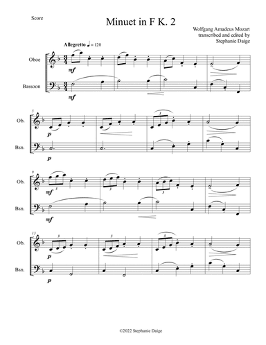 Mozart Minuet in F for oboe and bassoon (arr. Stephanie Daige)