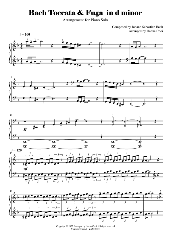 Bach Toccata in d minor [Arrangement for Piano Solo] (arr. Hanna Choi)