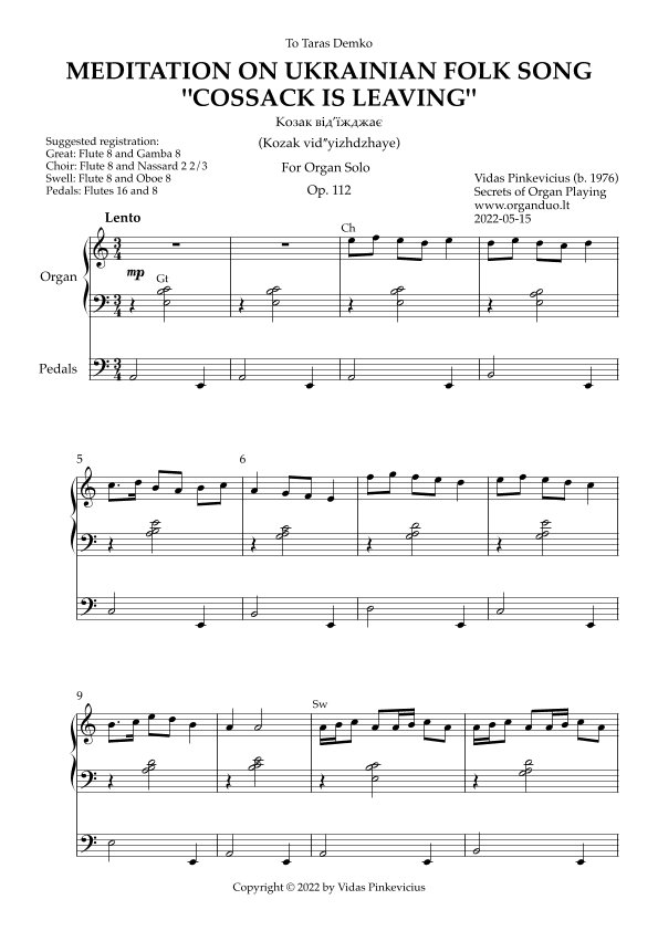 Meditation on Ukrainian Folk Song "Cossack Is Leaving", Op. 112 (Organ Solo) by Vidas Pinkevicius