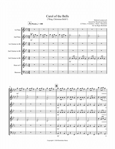 Carol of the Bells (F min) (Woodwind Septet - 2 Flute, 3 Clar, 1 Hrn, 1 Bassoon) (arr. Regis Bookshar)