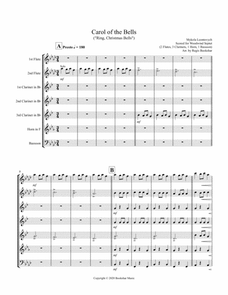 Carol of the Bells (F min) (Woodwind Septet - 2 Flute, 3 Clar, 1 Hrn, 1 Bassoon) (arr. Regis Bookshar)