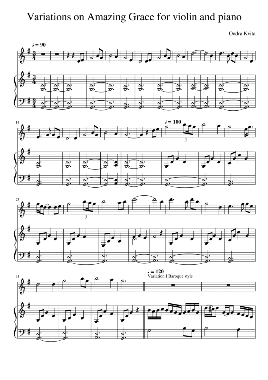 Variations on Amazing Grace for Violin and Piano (arr. Ondra Kvita)