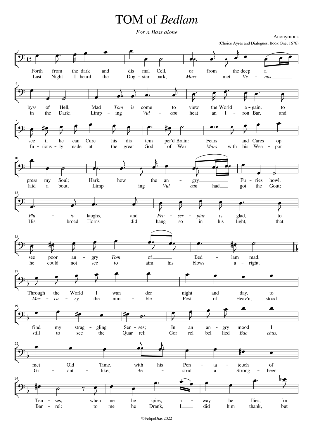 Tom of Bedlam: Forth the from dark and dismal Cell (arr. Early Music Scores)