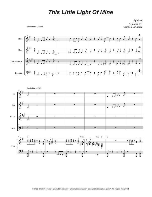This Little Light Of Mine (Woodwind Quartet and Piano) (arr. Stephen DeCesare)