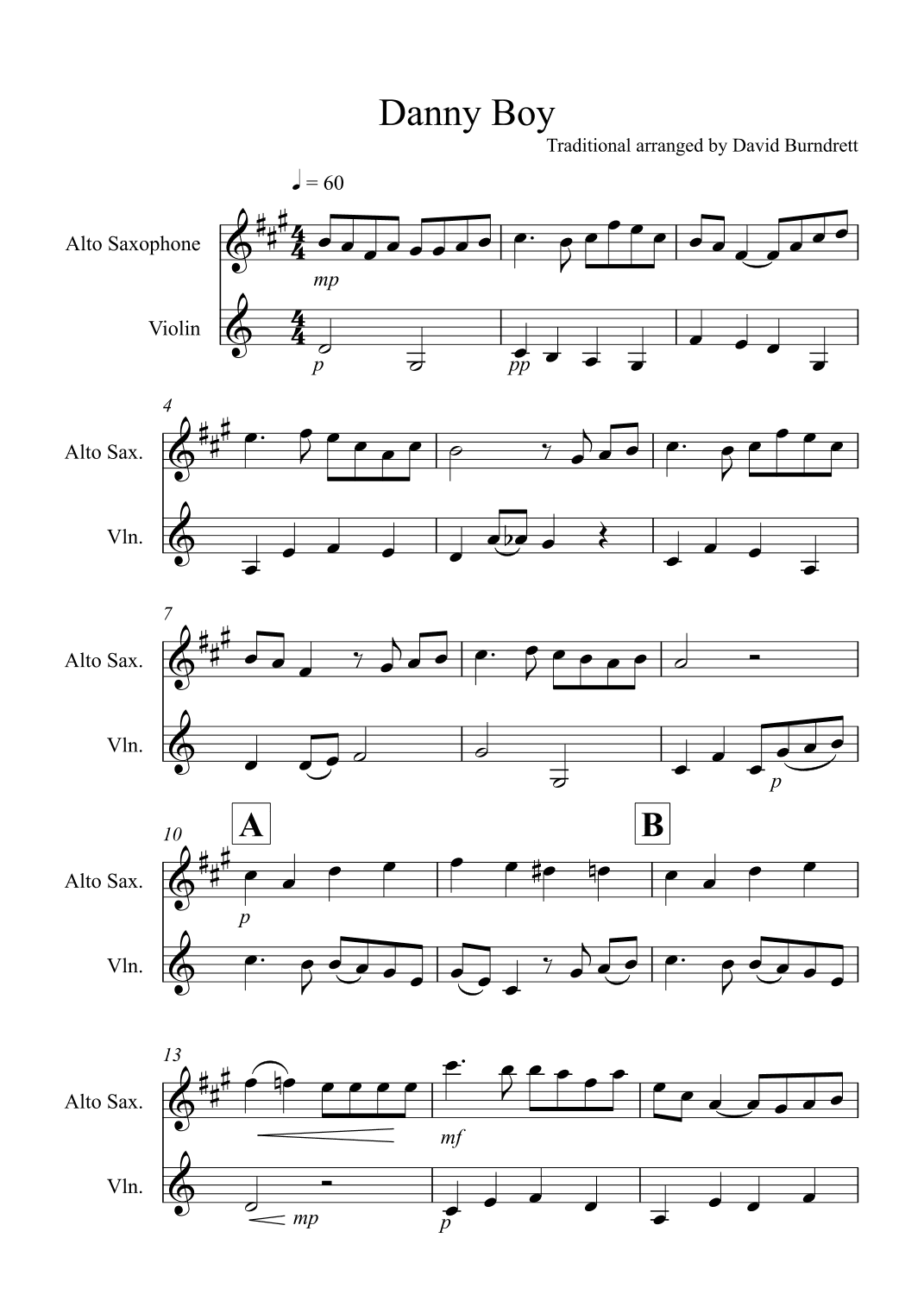 Danny Boy for Alto Saxophone and Violin Duet (arr. David Burndrett)