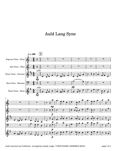 Auld Lang Syne for Woodwind Quartet in Schools (arr. Joseph Judge)