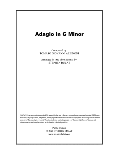 Adagio in G Minor (Albinoni) - Lead sheet (key of D minor) (arr. Stephen Bulat)