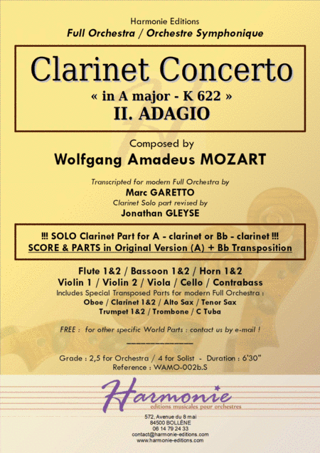 MOZART Clarinet Concerto K 622 - II. ADAGIO // for Bb clarinet or A clarinet // Original or Modern F (arr. Marc GARETTO)