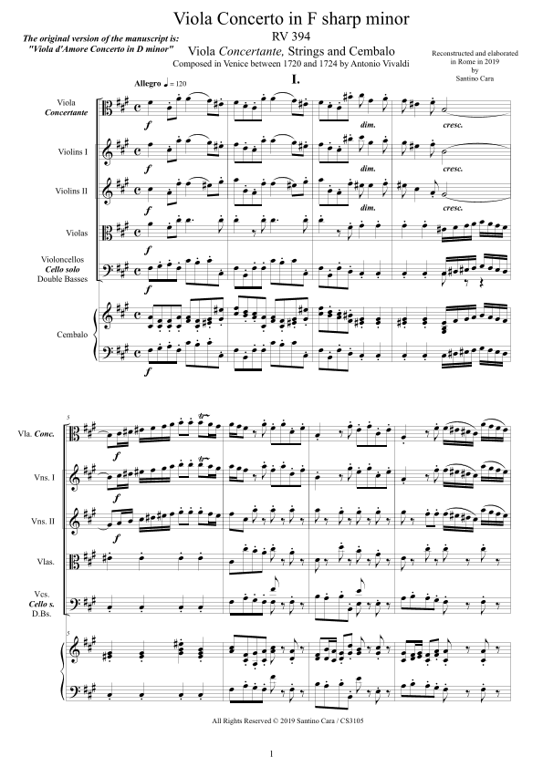 Vivaldi - Viola Concerto in F sharp minor RV394 for Viola concertante, Strings and Cembalo (arr. Santino Cara)