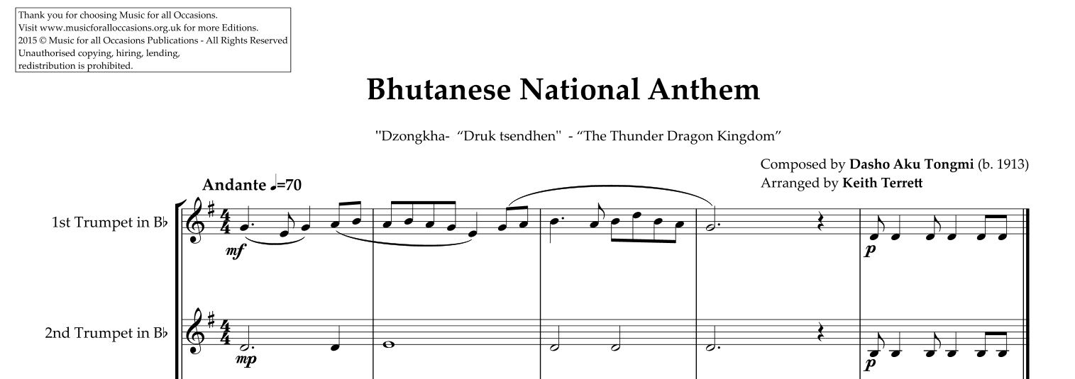 Bhutanese National Anthem for Brass Quintet ("The Thunder Dragon Kingdom") (arr. Keith Terrett)