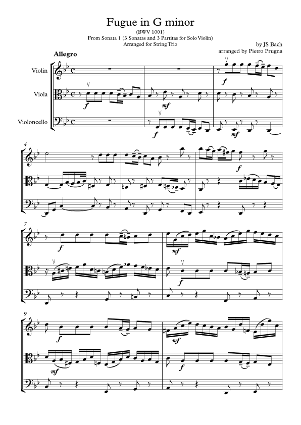 Fugue in G minor (BWV 1001) (3 Sonatas and 3 Partitas for Solo Violin) - String Trio arrangement (arr. Pietro Prugna)