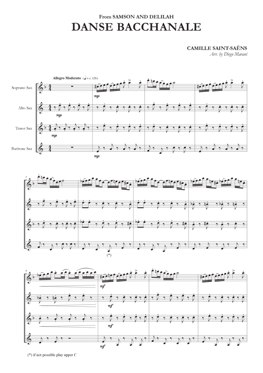 Danse Bacchanale for Saxophone Quartet (arr. Diego Marani)