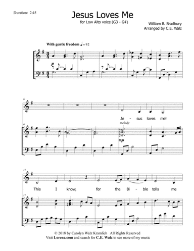 Jesus Loves Me (Low Alto Solo with piano) (arr. c.e. walz)