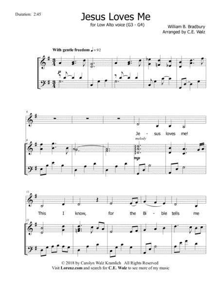 Jesus Loves Me (Low Alto Solo with piano) (arr. c.e. walz)
