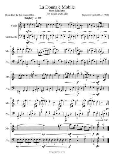 La Donna è Mobile from Rigoletto - G Verdi (Violin & Cello) (arr. Peet du Toit)