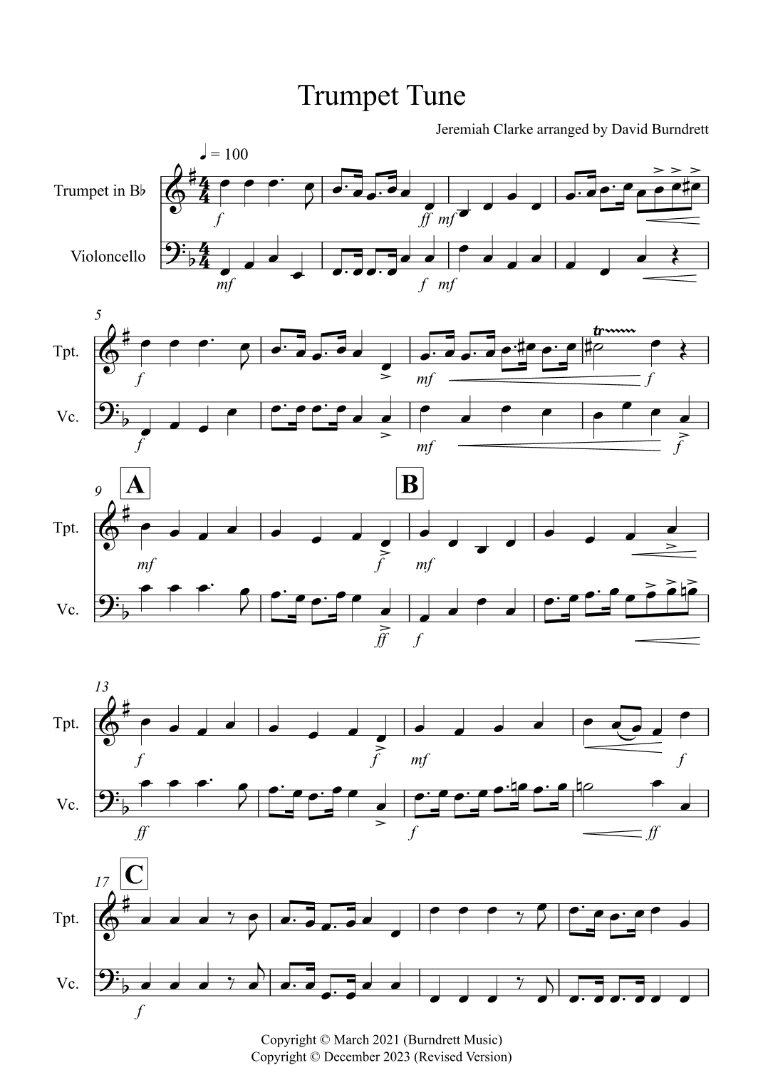 Trumpet Tune for Trumpet and Cello Duet (arr. David Burndrett)