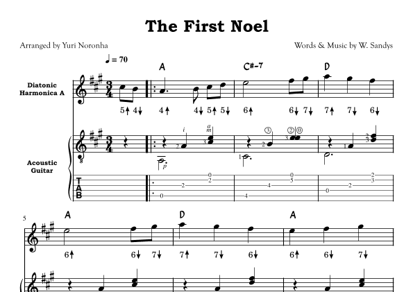 The First Noel - For Harmonica key A and Acoustic Guitar (with TAB) (arr. Yuri Noronha)