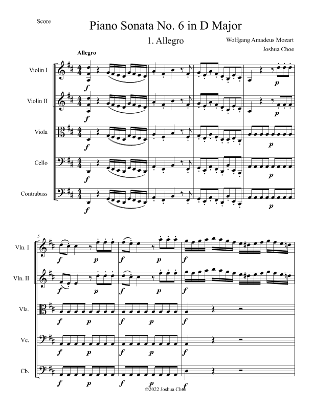 Piano Sonata No. 6 in D Major (arr. Joshua Choe)