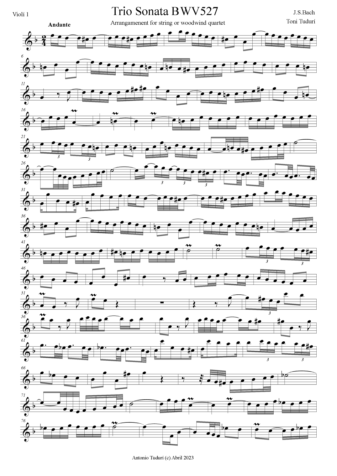 Trio sonata BWV527 in D minor for string quartet or woodwind quartet formations. (arr. Antonio Tudurí)