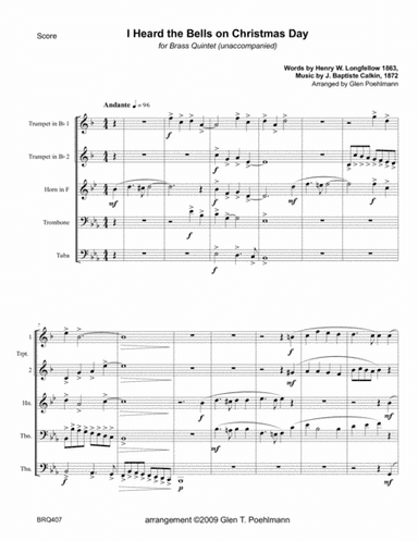I HEARD THE BELLS ON CHRISTMAS DAY - unaccompanied BRASS QUINTET (arr. Glen Poehlmann)