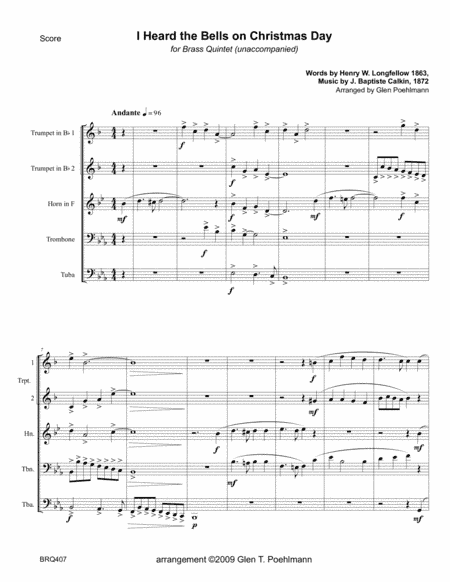 I HEARD THE BELLS ON CHRISTMAS DAY - unaccompanied BRASS QUINTET (arr. Glen Poehlmann)