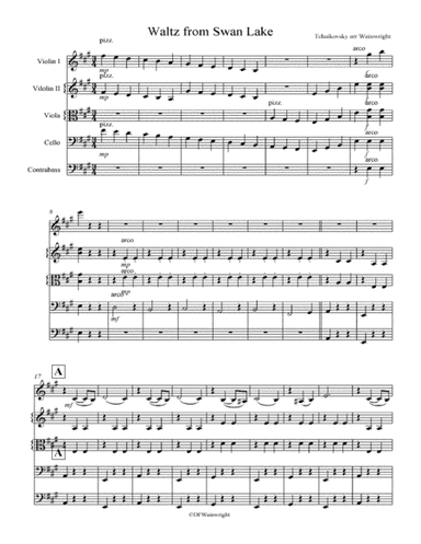 Waltz from Swan Lake by Tchaikovsky arranged for string quartet with optional bass part; score & par (arr. David F Wainwright)