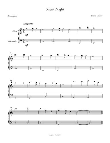 Silent Night carol for beginners sheet music for Oboe and Cello (arr. Arezzo Music)