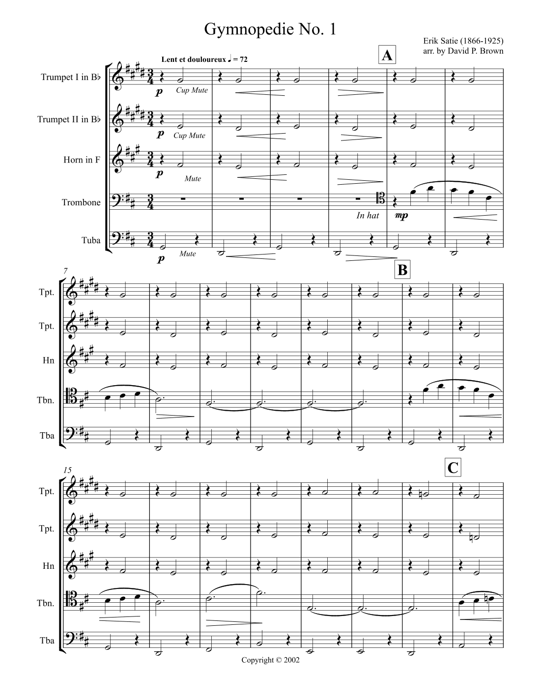 Gymnopedie No. 1 for Brass Quintet (arr. David P. Brown)