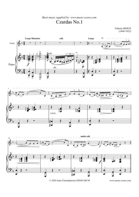 Czardas No. 1 - Monti - Violin and Piano (arr. Anne L Christopherson GRSM ARCM)