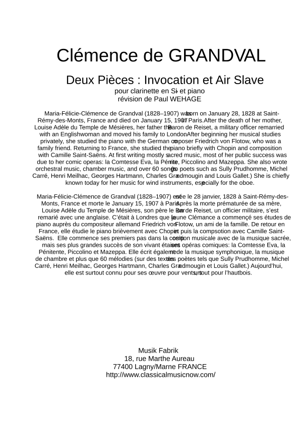 Deux Pièces : Invocation et Air Slave (arr. Paul Wehage (editor))