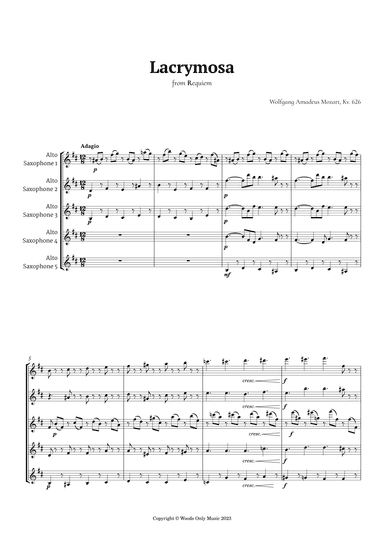 Lacrymosa by Mozart for Alto Sax Quintet (arr. Ander)