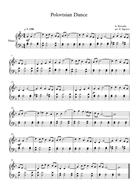 Polovtsian Dance, Alexander Borodin, For Easy Piano