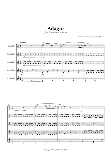 Andante from Piano Concerto No. 21 by Mozart for French Horn Quintet (arr. Ander)