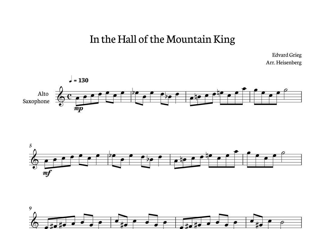In The Hall of The Mountain King for Alto Sax (arr. Heisenberg)