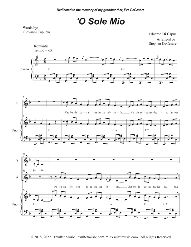 O Sole Mio (Duet for Soprano and Alto solo) (Easy Vocal Duet Version) (arr. Stephen DeCesare)