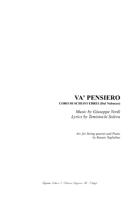 VA' PENSIERO - Arr. for String quartet and Piano - With parts (arr. Renato Tagliabue)
