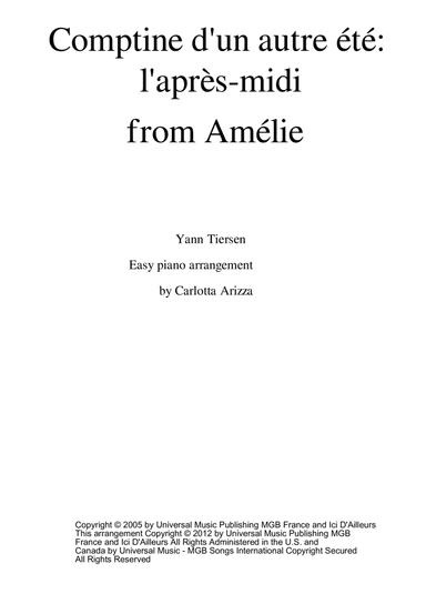 Comptine D'un Autre Été: L'après-midi (arr. Carlotta Arizza)