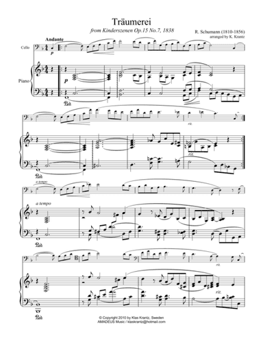 Traumerei / Dreaming for cello and piano (arr. Klas Krantz)