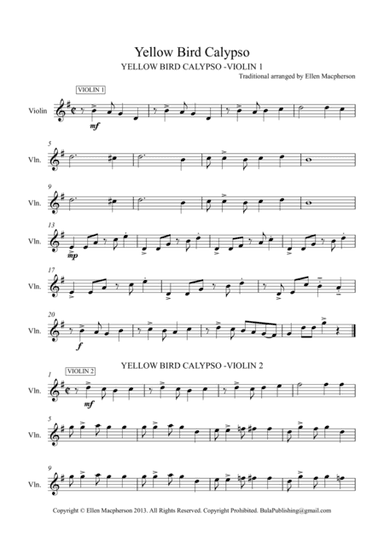 Yellow Bird Calypso - Violin Trio - PARTS 1, 2, 3 (arr. Ellen Macpherson)