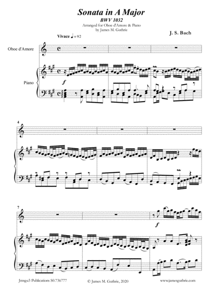 BACH: Sonata in A BWV 1032 for Oboe d'Amore & Piano (arr. James Guthrie, ASCAP)