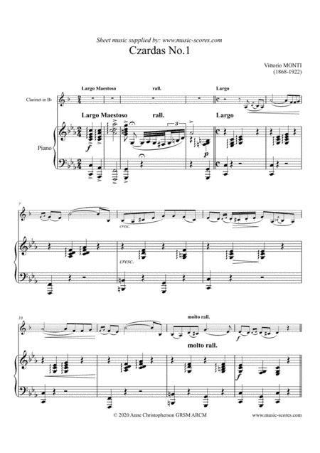 Czardas No. 1 - Monti - Clarinet and Piano (arr. Anne Christopherson GRSM ARCM)